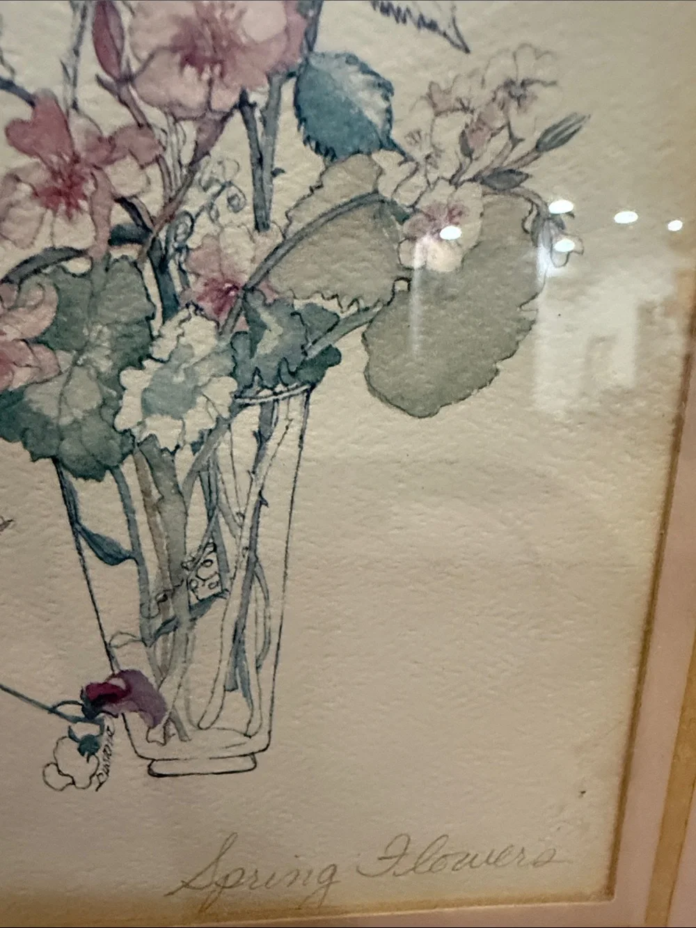 Bamboo frame floral water color Print with Pink Mat  vintage 8.5x11